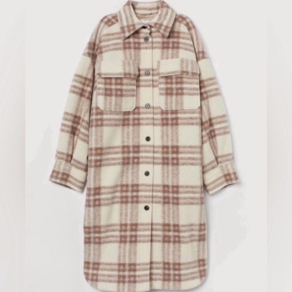Iconic H&M Pink & Cream Midi Wool Blend Plaid Blanket Chore Coat Jacket! Medium